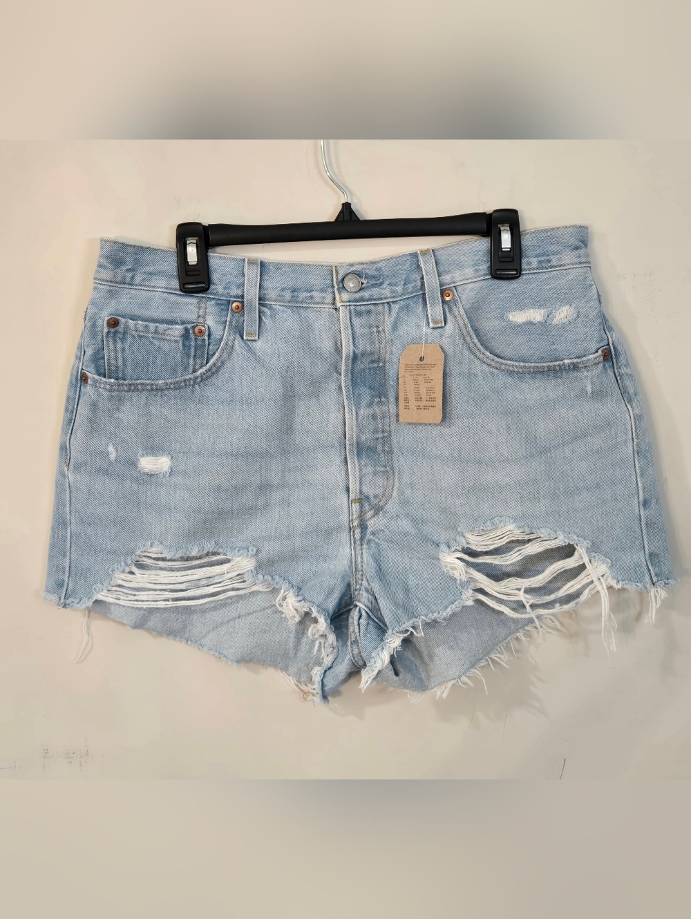 Levis 501 Light Blue Distressed Denim Cutoff Shorts with Button Fly. BRAND NEW.